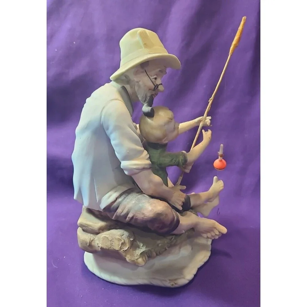 RARE VINTAGE BEAUTIFUL Lefton Little Boy Fishing With Grandpa #2807